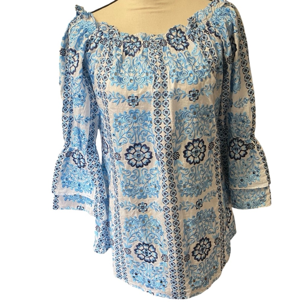 Boho Chic Womens Blue White Eyelet Top with 3/4 Bell Sleeve (M)